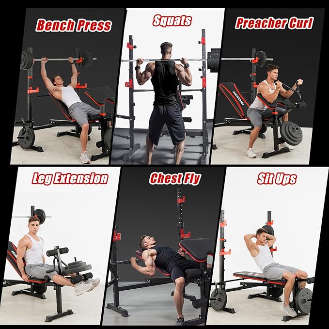 1500LBS 8 in 1 Weight Bench Set with Leg Extension/Curl and Preacher Curl, Bench Press Set and Barbell Rack with Safety Bar Catches, Foldable Workout Benches for Home(US Stock)