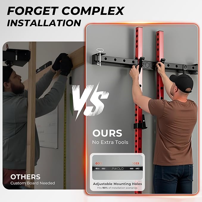 Mikolo 2" x 2" Folding Wall Mounted Squat Rack, 1000 Pounds Capacity Power Rack with Pull Up Bar, J Hooks and Other Attachments, Space-Saving Home Gym