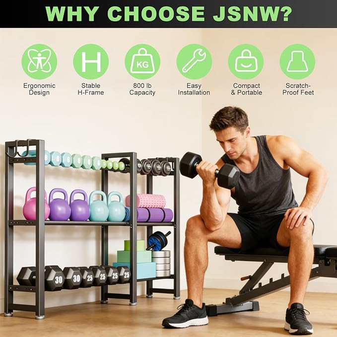 800LBS Capacity Multifunctional Home Gym Storage Rack with Side Hooks, Heavy Duty Adjustable Weight Storage Rack for Dumbbells Kettlebells Yoga Mat, Space Saving Workout Equipment Storage Organizer