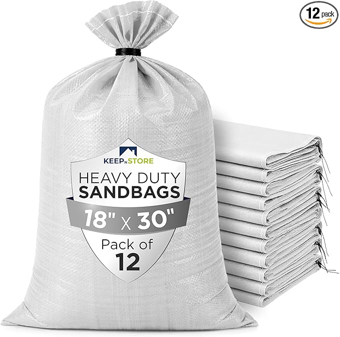 Heavy Duty Sand Bags Pack of 12, White Empty Sandbags with Built-In Ties, Woven Polypropylene UV Protection 1600 Hours, Fillable Bags for Flood Control, Weight, 18x30 inches, 75 Pounds Volume