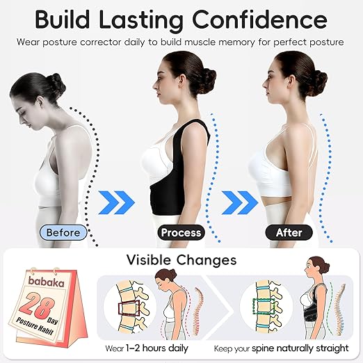 babaka Posture Corrector for Women, Invisible Lightweight Adjustable Back Brace for Upper and Lower Back Pain Relief, Hunchback, Hump, Scoliosis, Thoracic, Spine Corrector Under Clothes (Black, Medium, Waist: 29''-35'')