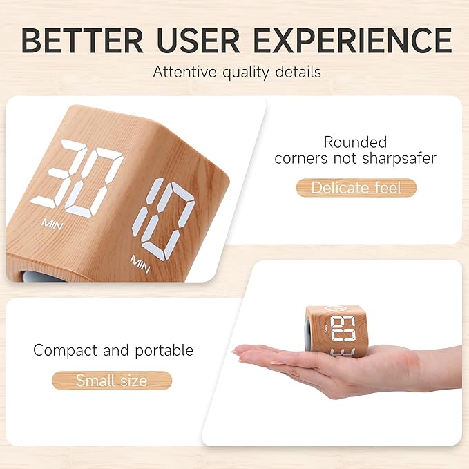 Productivity Timer 1, 5, 10, 30, 60 Minutes Preset, Desk Cube Timer with Gravity Sensor/Mute/Vibration for ADHD, Work, Study, Kitchen, Back to School (Wood Grain)