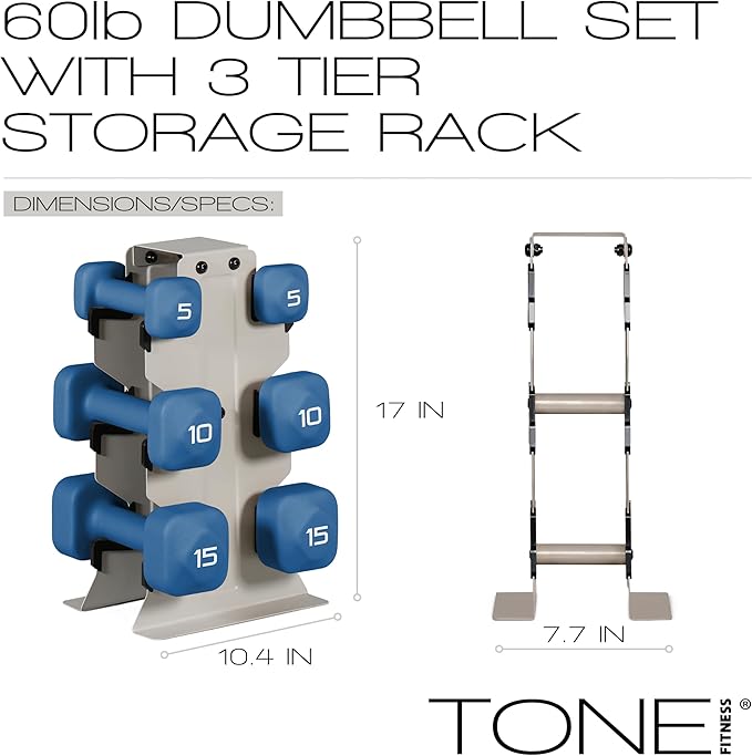 Tone Fitness Neoprene Dumbbell Set with Storage Rack – Non-Slip, Anti-Roll Hand Weights for Home Gym Workouts | 20 lb, 32 lb, 50 lb, 60 lb & 100 lb Options