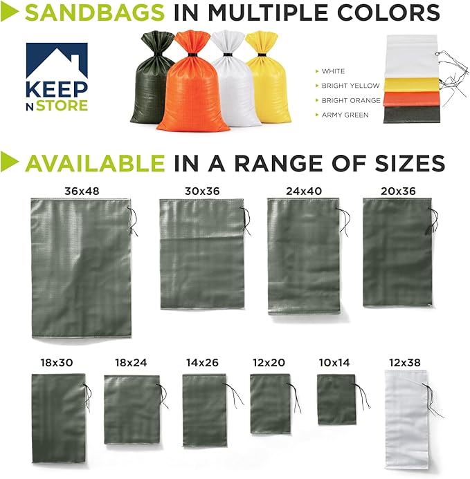 Heavy Duty Sand Bags Pack of 5, Army Green Empty Sandbags with Built-In Ties, Woven Polypropylene UV Protection 1600 Hours, Fillable Bags for Flood Control, Weight, 12x20 inches, 25 Pounds Volume