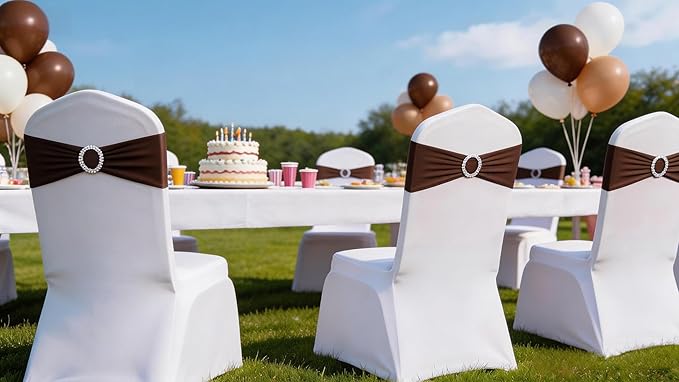 100PCS Stretch Wedding Brown Chair Sashes Bands with Buckle Slider Sashes Bow Decorations 25 Colors (Chocolate)