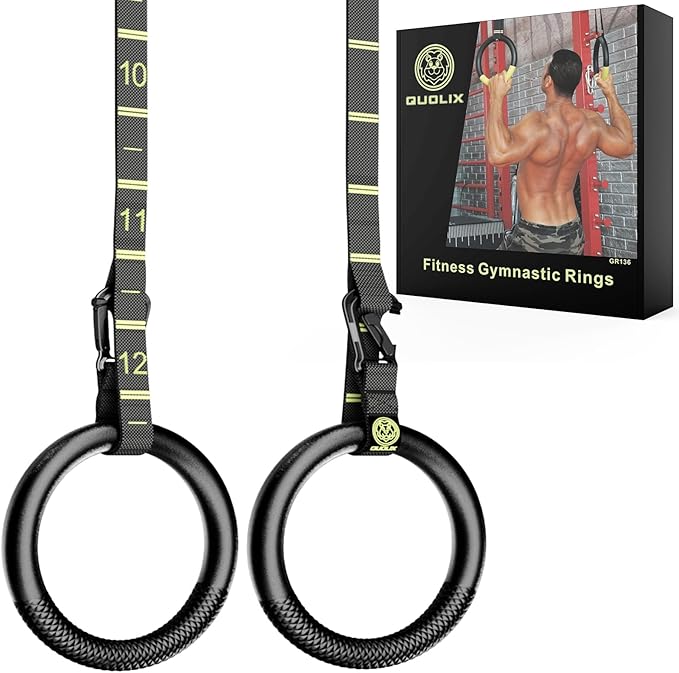 QUOLIX Gymnastic Rings with Adjustable Straps, Non-Slip Pull Up Rings with Straps, 1300lbs Exercise Rings with Straps for Home, Gymnastics Rings for Home Gym, Workout, Exercise, Training, Calisthenic