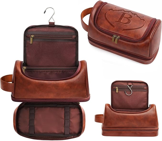 Mens Toiletry Bag for Travel,PU Leather Travel Toiletries Bag,Waterproof Toiletry Shaving Kit for Men,Personalized Gifts for Men Father's Day Birthday (B)