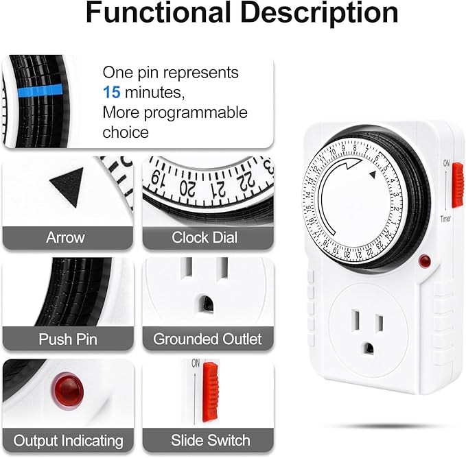 Baomain 24-Hour Indoor Mechanical Timer, 15A 125VAC ON/Off Single Outlet,3-Prong Plug Timer BND-60/U39N,ETL Listed