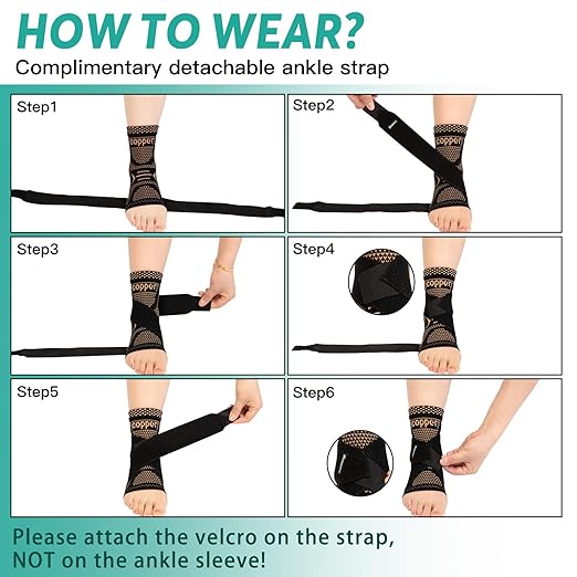 INDEEMAX Ankle Brace for Sprained Ankle Compression Sleeve, 2 Pack Copper Infused Ankle Support Brace for Women & Men, Plantar Fasciitis Relief Achilles Tendonitis, Sports Running, Copper Black, L