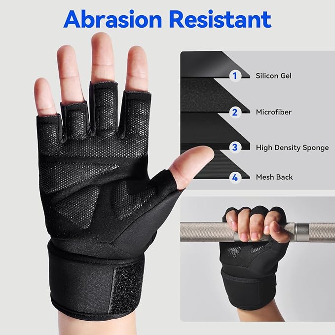 Workout Gloves for Men and Women, Gym Weight Lifting Padded Gloves with Wrist Wrap Support, Full Palm Protection & Extra Grips, for Weightlifting, Exercise, Cross Training, Fitness, Pull-Up