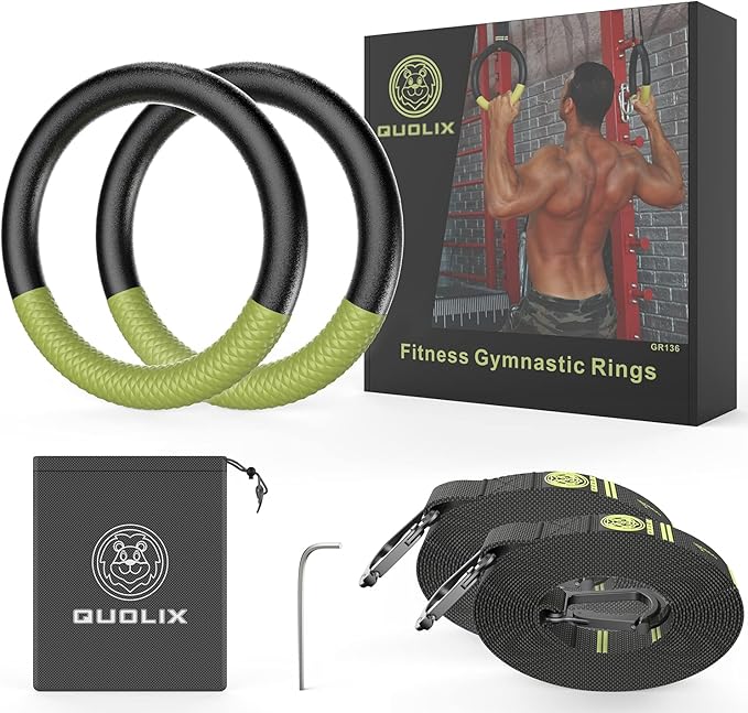 QUOLIX Gymnastic Rings with Adjustable Straps, Non-Slip Pull Up Rings with Straps, 1300lbs Exercise Rings with Straps for Home, Gymnastics Rings for Home Gym, Workout, Exercise, Training, Calisthenic