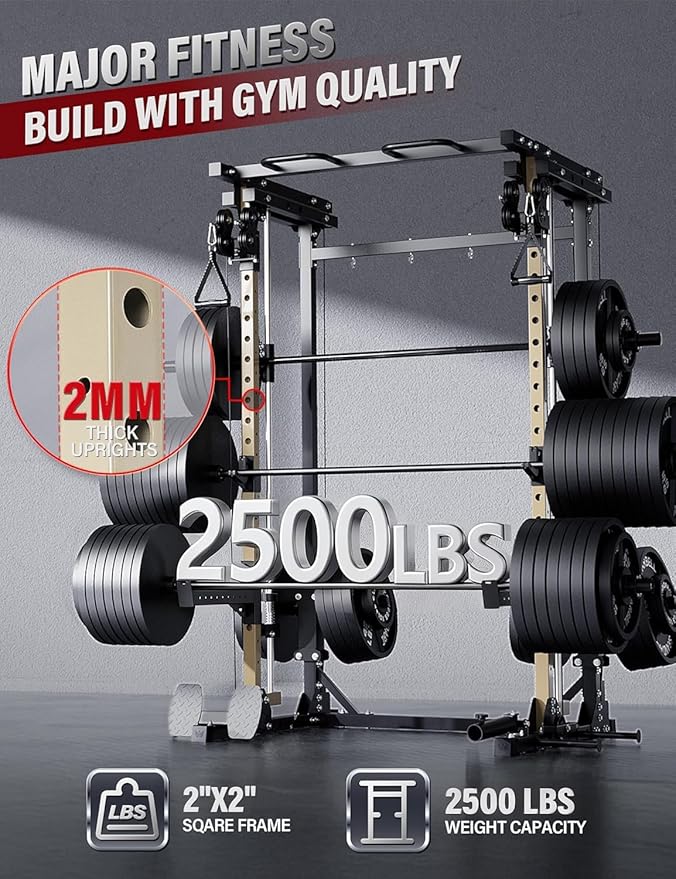 MAJOR FITNESS Drone3 Smith Machine, 2500lbs All-in-One Home Gym Power Rack with Dual Pulley System for Cable Crossover, Pull-Up Bars