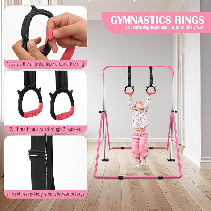 YEEGO DIRECT Gymnastics Bar for Kids with Rings, Folding Gymnastics Bars Horizontal Bar for Kids Ages 3-10, Expandable for Home Training Kids Gifts for Girls Boys
