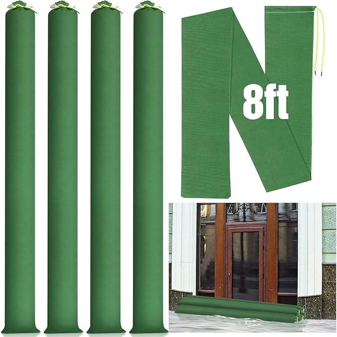 Threan 4 Pcs Long Canvas Sandbags for Flooding Sand Tube Bags Flood Protection Thickened Reusable Rain Wind Flood Barrier with Elastic Band Water Barrier Tube for Door Rain Control, Green (8 ft)