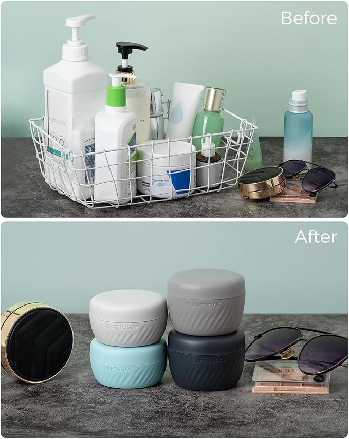 TakeToday Travel Containers for Toiletries, Leak-Proof, TSA Approved, Refillable Silicone Cylindrical Cream Jars with Lid for Cosmetic Toiletry, 3oz, 4 Pack, Grey