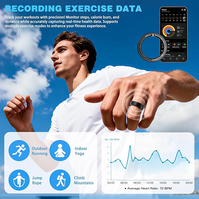 Smart Ring for Men Women, Fitness Tracker Ring with Heart Rate, SpO2, Sleep Monitoring, Step Tracker, IP68 Waterproof for iOS and Android (Black 12)