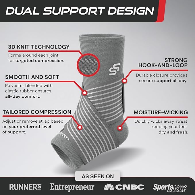 Sleeve Stars Ankle Brace for Women & Men, Ankle Wrap for Sprain, Compression Sleeve for Plantar Fasciitis Relief, Easy Customizable Support: w/ Removable Strap (Single/M:10"-12"/Grey)