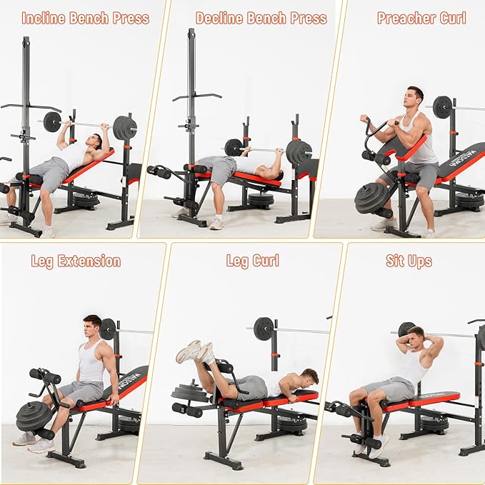 1500LBS 8 in 1 Weight Bench Set with Leg Extension/Curl and Preacher Curl, Bench Press Set and Barbell Rack with Safety Bar Catches, Foldable Workout Benches for Home(US Stock)