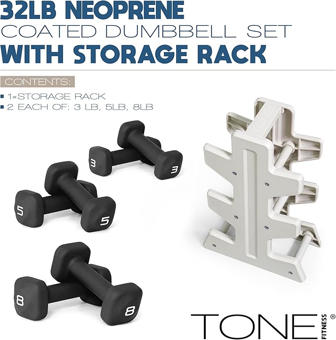 Tone Fitness Neoprene Dumbbell Set with Storage Rack – Non-Slip, Anti-Roll Hand Weights for Home Gym Workouts | 20 lb, 32 lb, 50 lb, 60 lb & 100 lb Options