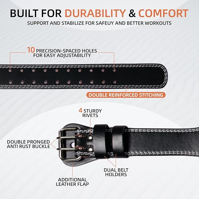 Leather Weight Lifting Belt, 4”& 6”Padded Lumbar Back Support, 10 Adjustable Holes, Gym Weight Belt Ideal for Deadlift, Powerlifting, Bodybuilding and Squat