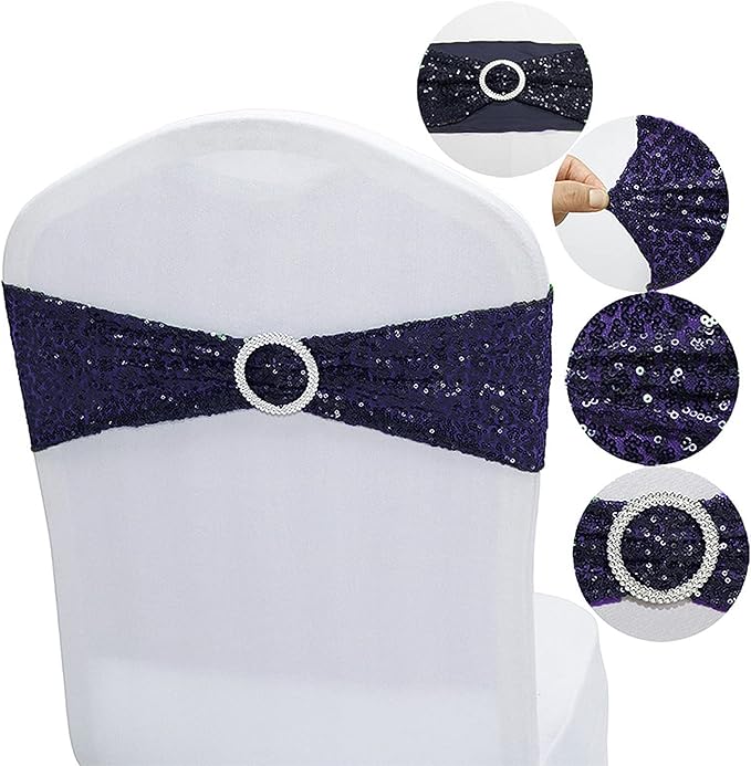Dimatic 25 PCS Stretch Sequin Chair Sashes Chair Stretchy Spandex Bands for Wedding Reception Events Banquets Chairs Decoration (Navy)