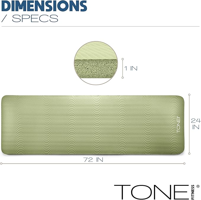Tone Fitness 1-Inch Thick Yoga Mat | High-Density, Non-slip Exercise Mat with Carrying Strap for Yoga, Pilates, & Home Gym Workouts | Multiple Options