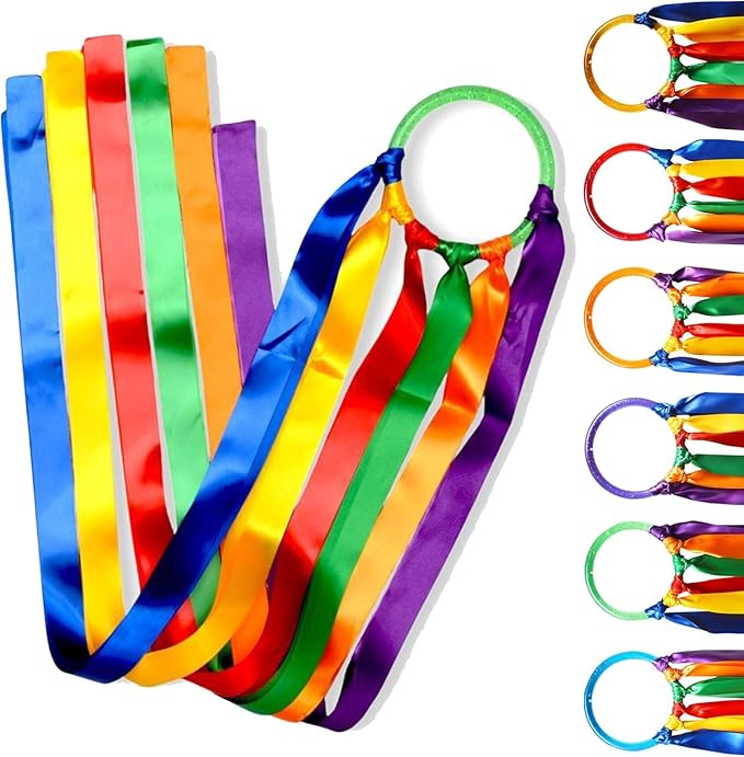 GSi Multicolor Ribbon Wands & Rings for Kids - Pack of 6 Dance Streamers with 9" Stick, 1m Ribbons, Gymnastics & Party Use