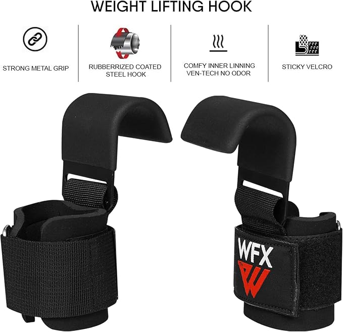 WFX Weight Lifting Hooks, Non-Slip Rubber Coated Grips, 7mm Neoprene Wrist Support Padding, Power Lifting Barbell Rows Dead Lifts Chin Pull Up Fitness Strength Training Straps Gym Workout Straps