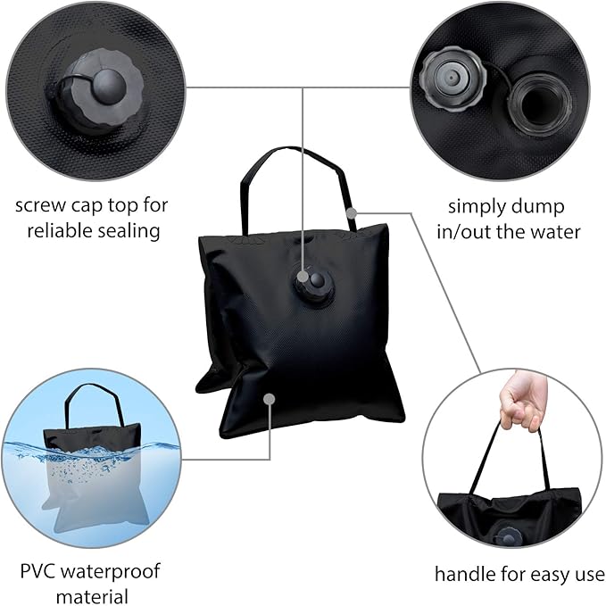 Eurmax USA 4Pcs Pack Water Weight Bags for Light Stand Photography Video Equipment,Heavy Duty Saddlebag for Backdrop Stand,Photo Tripod,Canopy,Umbrella Base,Fishing Chair,Picnic Table and etc(Black)