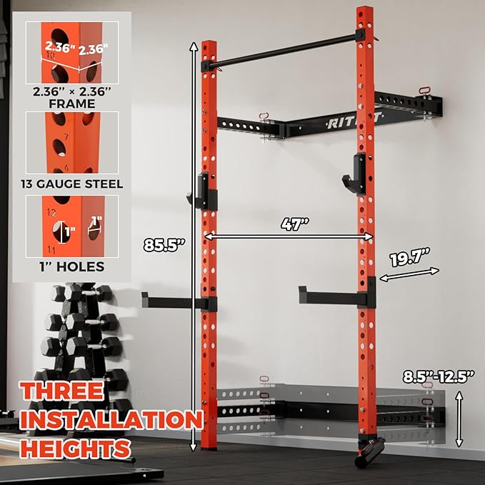 RitFit 2.36'' x 2.36'' Folding Squat Rack for Home Gym, Wall Mounted Squat Rack with Attachments - Space Saving Squat Power Rack