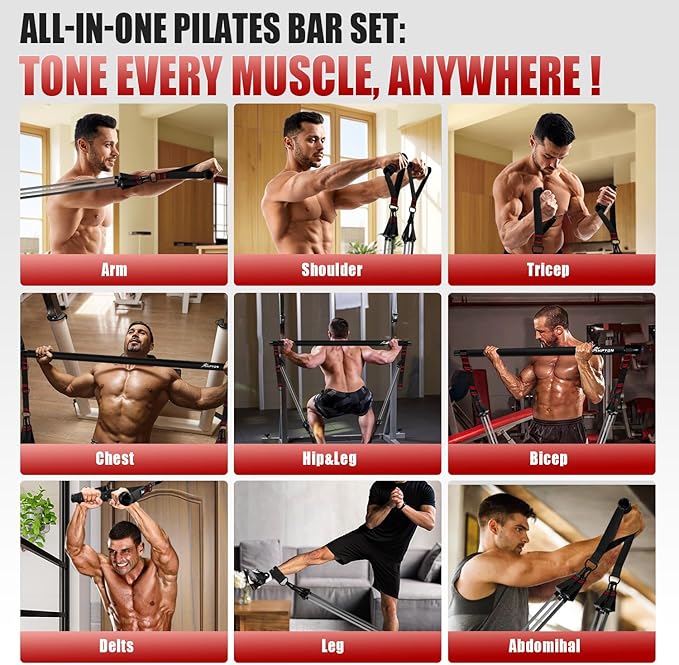 HPYGN Pilates Bar Kit with Resistance Bands, Heavy Duty Multifunctional Pilates Workout Equipment for Strength Training, HIP, Back, Arms, Ab, Shoulders, Portable Home Gym & Travel Fitness Gear for Men