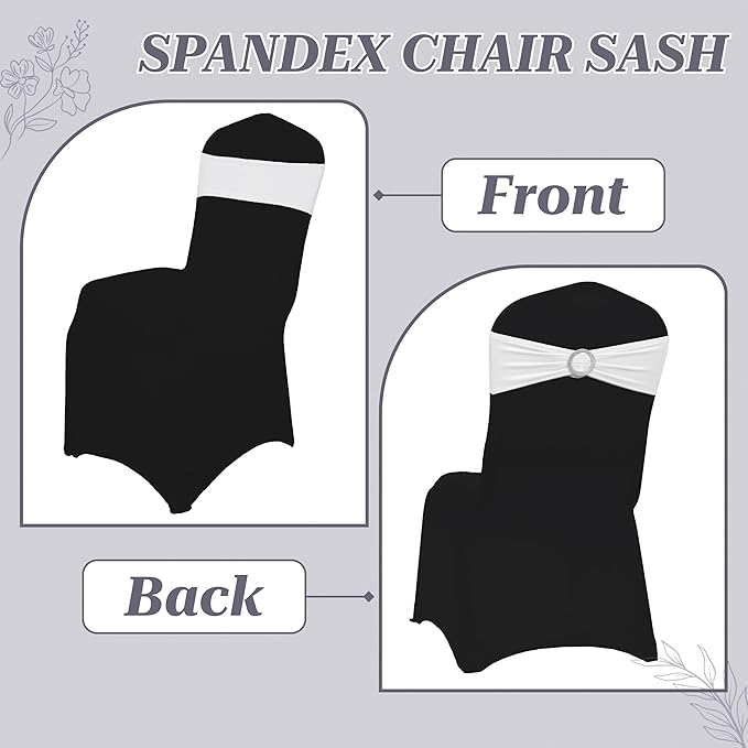 VDS - White | Spandex Chair Sashes Bows | 200 PCS | Stretch Elastic Banquet Universal Folding Chair Band Tie with Silver Buckle Slider for Wedding Party Conference Celebration Event Decoration
