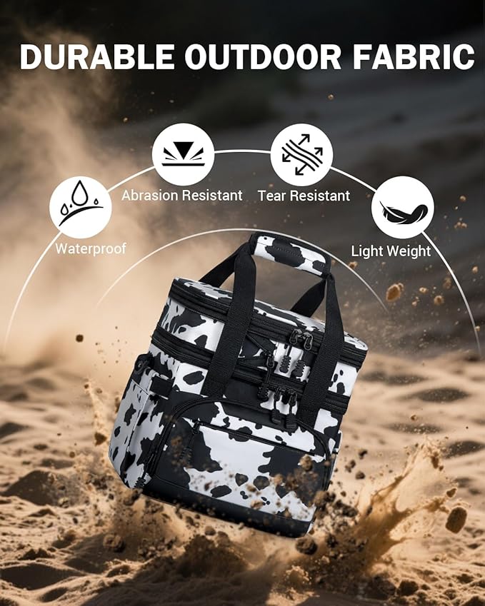 Large Lunch Box for Men/Women Dual-Compartment Insulated Lunch Bag,Expandable Leakproof Cooler Bag Lunch Tote with Adjustable Shoulder Strap for Work Camping Picnic,Cow Print 24-Can(14L)