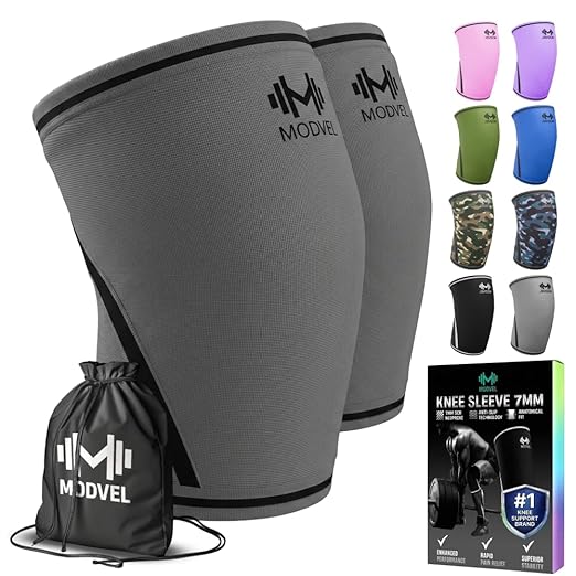 Modvel 7mm Neoprene Knee Sleeves for Men & Women Weightlifting & Powerlifting – Compression Knee Sleeve Support for Squats, Gym, Training – USPA, IPL Approved – Large Grey (Pair)