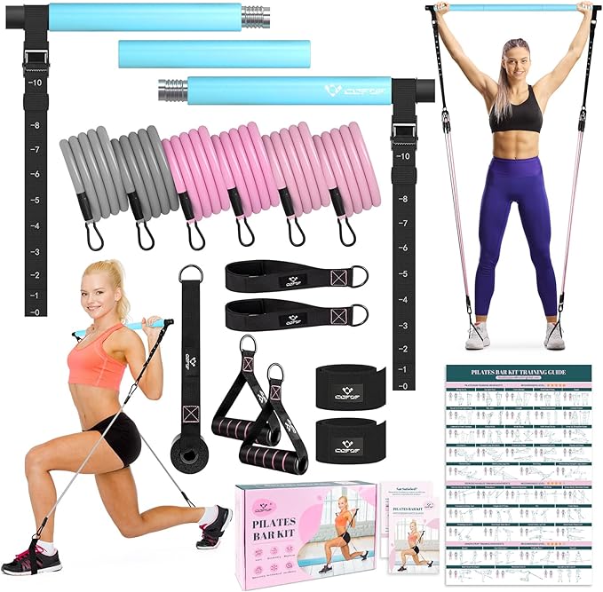 COFOF Pilates Bar Kit with Resistance Bands, Multifunctional Yoga Pilates Bar with Heavy-Duty Metal Adjustment Buckle, Portable Home Gym Pilates Resistance Bar Kit for Women Full Body Workouts