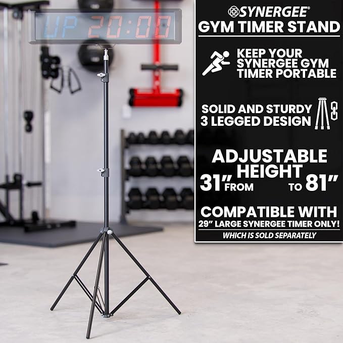 Synergee Gym Timer Stand. Only Compatible with Large 29” Synergee Gym Timer. Free Standing Tripod Adjustable Height 36”- 81” to Increase Visibility of Synergee Large 29” Gym Clock.