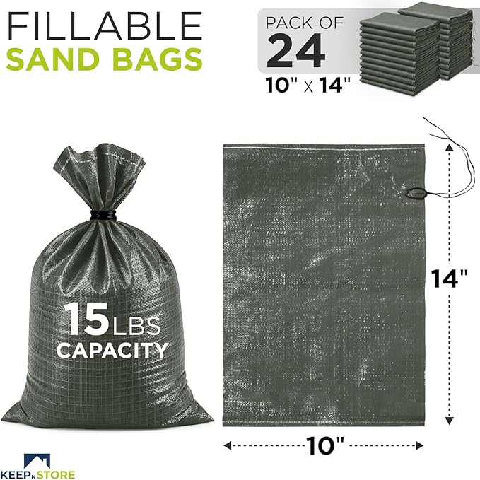 Heavy Duty Sand Bags Pack of 24, Army Green Empty Sandbags with Built-In Ties, Woven Polypropylene UV Protection 1600 Hours, Fillable Bags for Flood Control, Weight, 10x14 inches, 15 Pounds Volume
