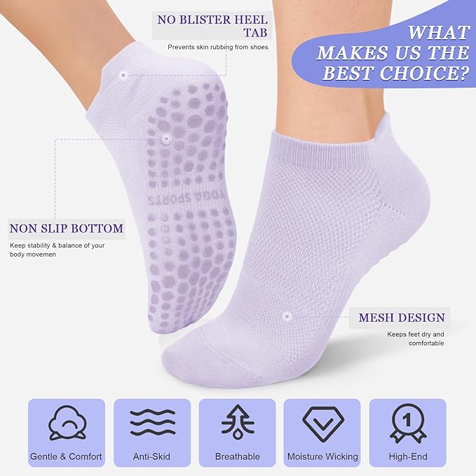 yeuG Pilates Socks for Women Non Slip Grip Socks for Yoga, Barre, Hospital, Barefoot Grippy Yoga Sock Womens Gifts 4 Pairs