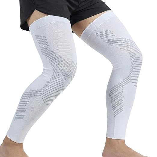 NuCamper Full Leg Compression Sleeves for Men and Women,2 Pack Legs Sleeves Long Knee Brace Support for Running, Basketball, Cycling, Workout, Sports - White,XL