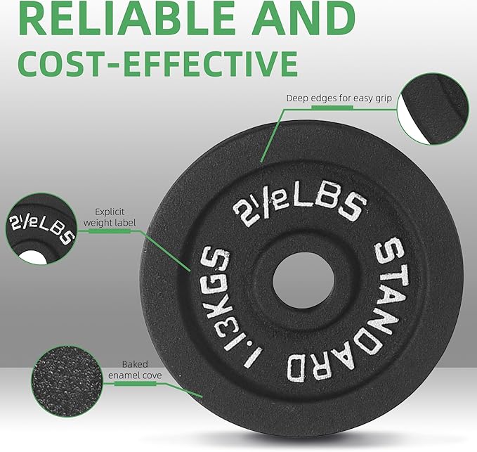 Fitvids 1 Inch Standard Barbell Weight Plates, 2.5 LB to 45 LB Plates for Home Gym Strength Training, Deep Grip Edge