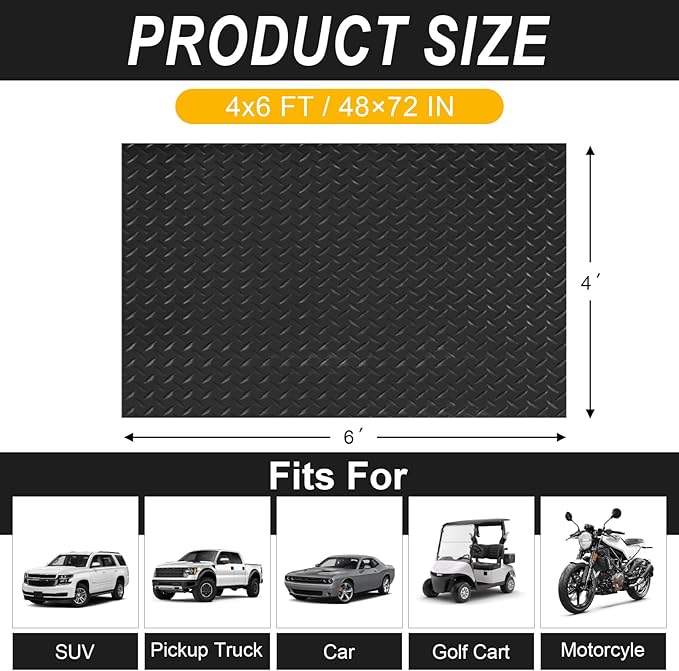 4x6FT Garage Floor Mat, 2.8mm Thickened Flooring Roll for Under Car, Golf Cart Parking Mat, Diamond Plate PVC Rubber Motorcycle Mat, Non-Slip Floor Protector for Garage Warehouse Trailer, Black