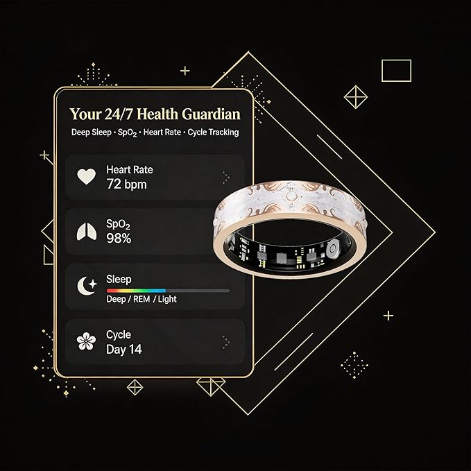 Smart Ring for Women Gift, Fitness & Vital Signs Monitoring, Sleep Tracker/Remote Photography/No Subscription(White,8#)