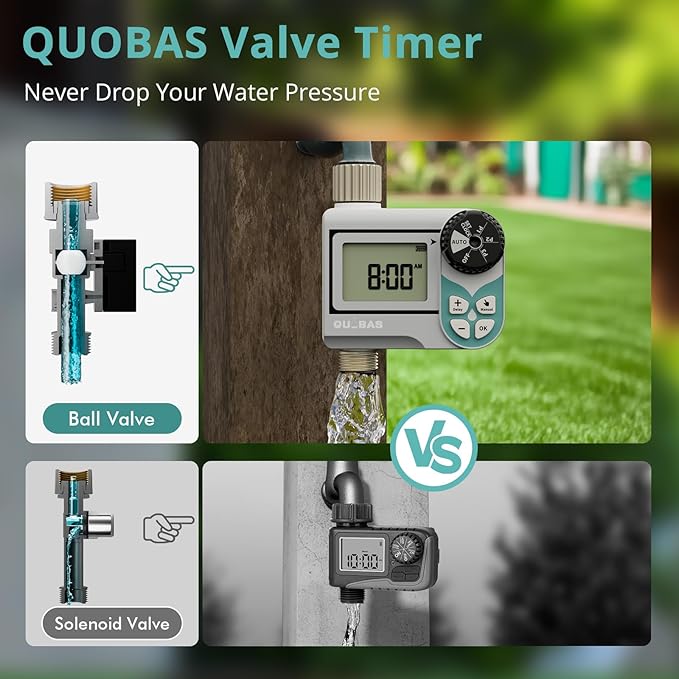 QUOBAS Low Pressure Water Timer, Weekly Programmable Sprinkler Timer with Brass Inlet & Outlet for Rain Barrel, Garden Hose, with Ball Valve & Waterproof Screen, Rain Delay/Manual/Auto Modes