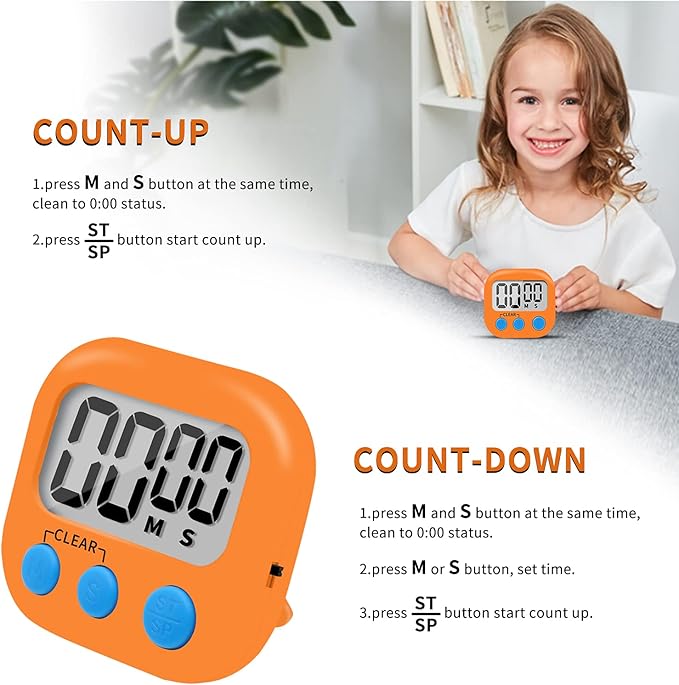 6 Pack Small Digital Kitchen Timer Magnetic Back and ON/Off Switch,Minute Second Count Up Countdown (Orange)