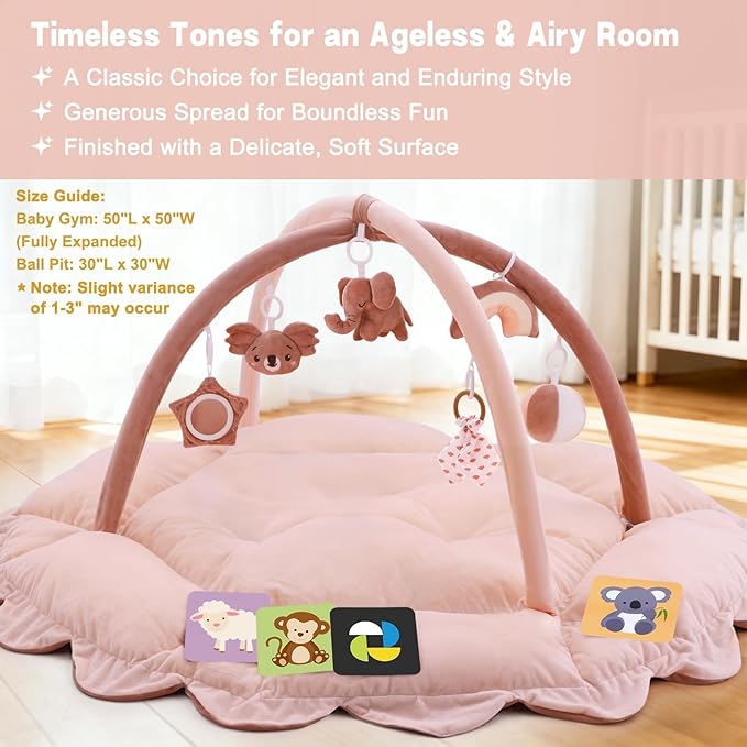 5-in-1 Baby Activity Gym & Play Mat with 6 Hanging Toys, Tummy Time Mat & Cards - Extra Large, Reversible Machine Washable Pad - Gift for Newborns, Infants 0-12 Months, Pink