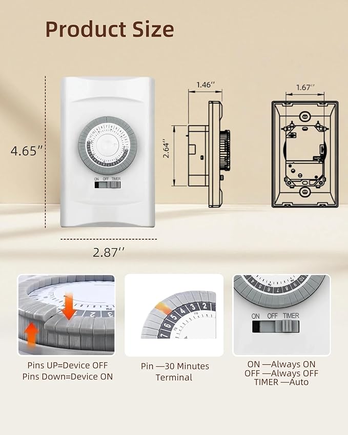 24-Hour in-Wall Mechanical Timer Light Switch,15A 30-Minute Intervals Wall Timer Switches,Light Timers for Lamps Indoor,Neutral Wire Required,Dial Timer for Lights,Fan,ETL Listed