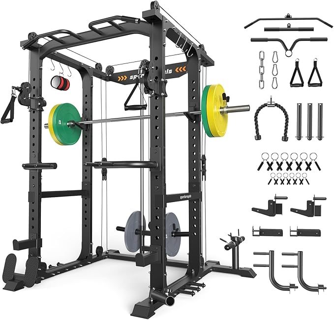 Sportsroyals Squat Rack, LAT Power Cage, Power Rack Multi-Function with Pulley System and Training Attachments for Home Gym