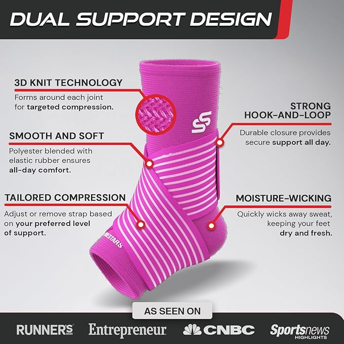 Sleeve Stars Ankle Brace for Women & Men, Ankle Wrap for Sprain, Compression Sleeve for Plantar Fasciitis Relief, Easy Customizable Support: w/ Removable Strap (Single/M:10"-12"/Hot Pink)