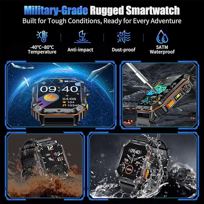 Military Smart Watches for Men, 2.01" HD Screen, 30-Day Battery, 5ATM Waterproof, LED Flashlight, Heart Rate & Sleep Monitor, 110+ Sports Modes, 2 Watch Bands, Android iOS