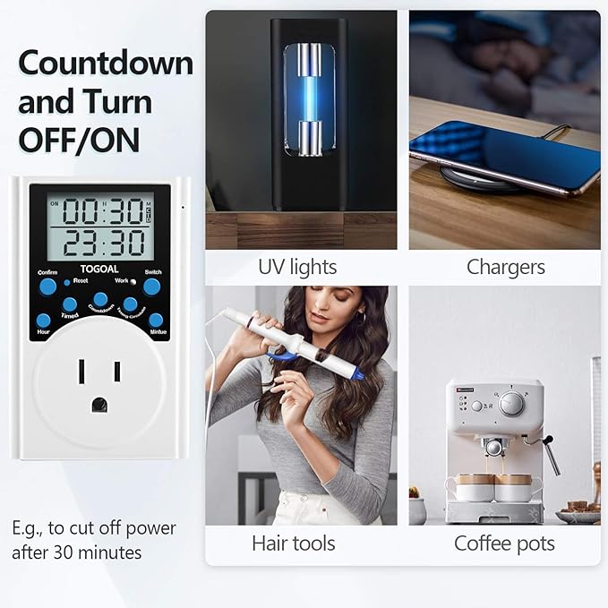 Digital Infinite Repeat Cycle Timer Plug with Countdown and 24 Hour Daily on-Off Programs for Electrical Outlets, Lights, Hydroponic Pumps (120V, 15A) [2 Pack]